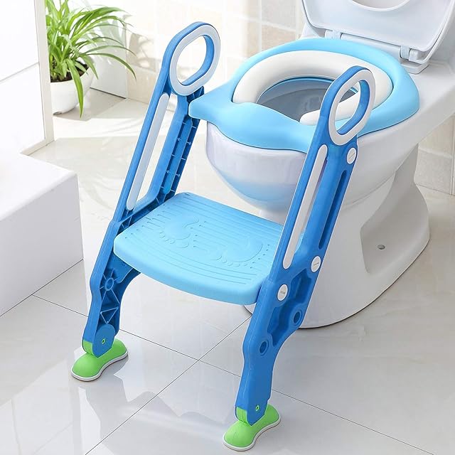 KEPLIN Potty Toilet Seat Adjustable Baby Toddler Kid Toilet Trainer with Step Stool Ladder for Boy and Girl (Blue)