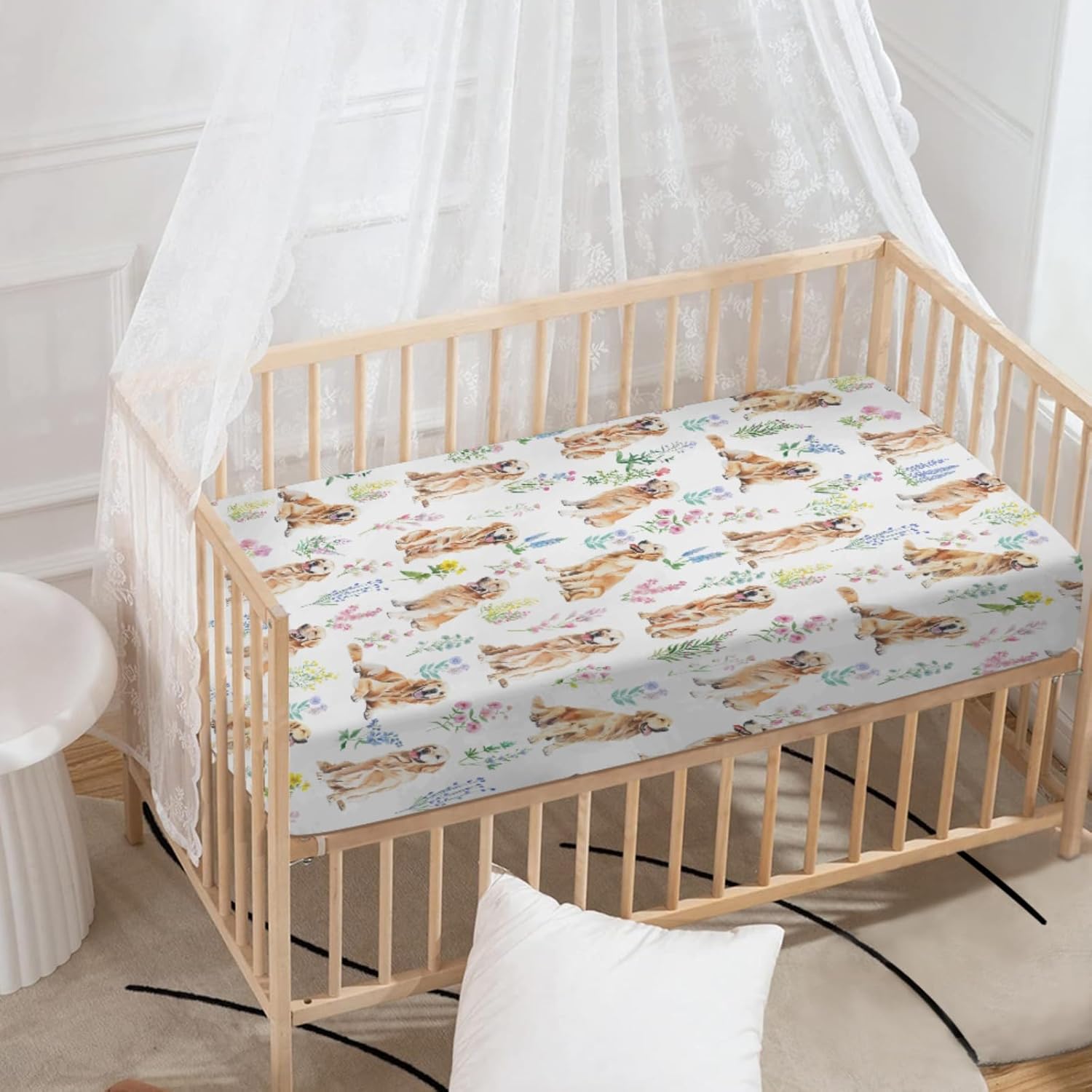 Baby Crib Sheets for Boys Girls Golden Retriever Flower Fitted Crib Sheet for Standard Crib and Toddler Mattress Baby Crib Sheets Neutral Crib Mattress Sheet Stretchy Baby Sheet 28''×52''
