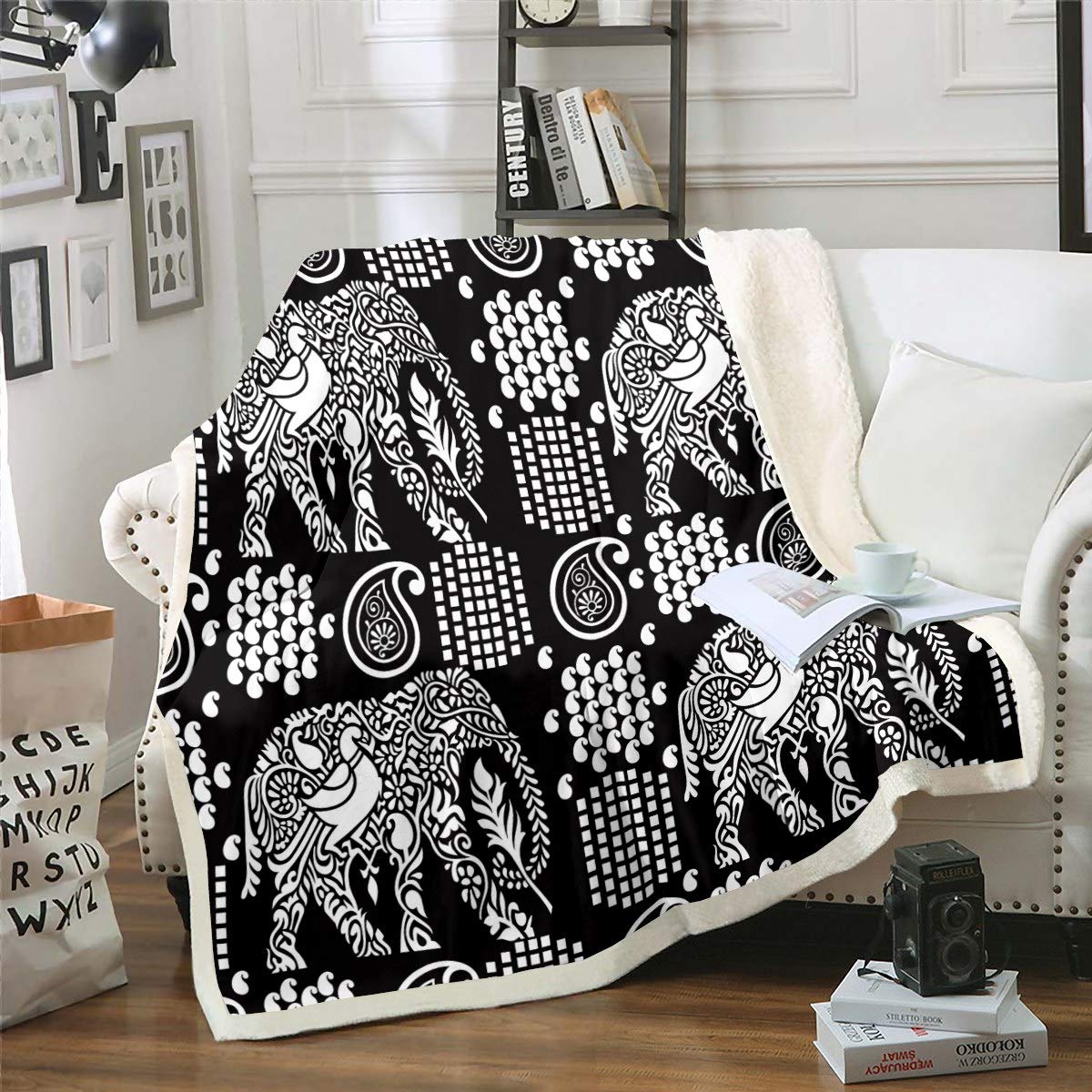 Loussiesd Multicolored 19 Elephant Boho Style Fleece Blanket For Couch, Sofa, Travel - Wild Animal Sherpa, Ethnic Plush Blanket - Black, White - Single - 50"X60"