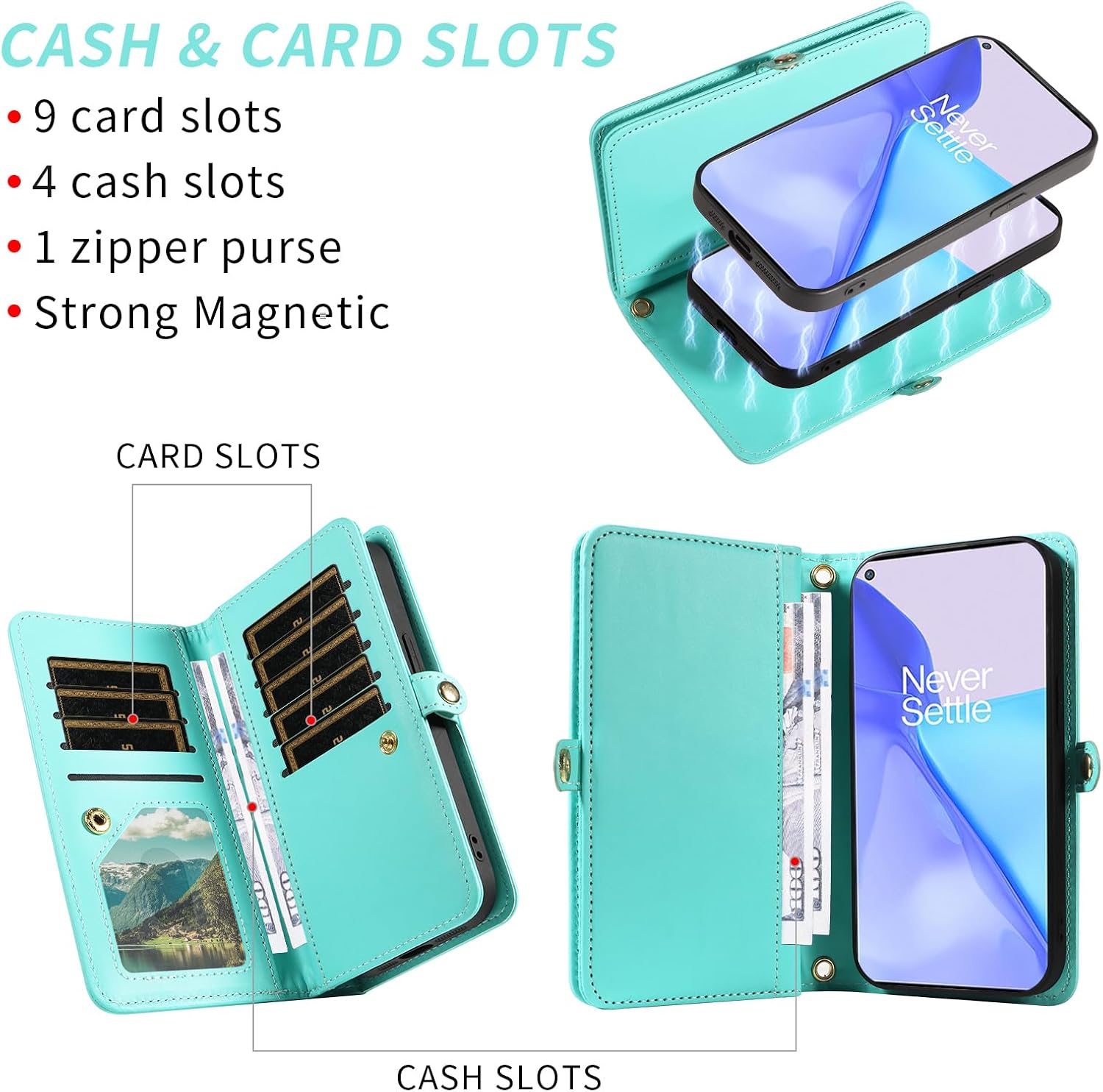 Phone Case for OnePlus 9 OnePlus9 5G Zipper Wallet Detachable Cell Cover with Screen Protector Crossbody Strap Bling Flip Credit Card Holder One Plus9 On 1 Plus 1plus One+ 1+ 1+9 Nine Women Teal