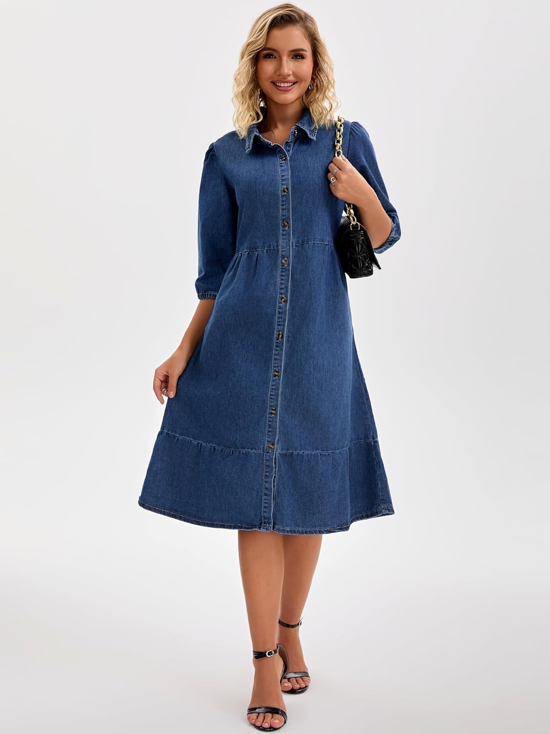 Women's Denim Dress 3/4 Sleeve Button Down Collar A Line Swing Tiered Midi Jean Dresses - Image 3