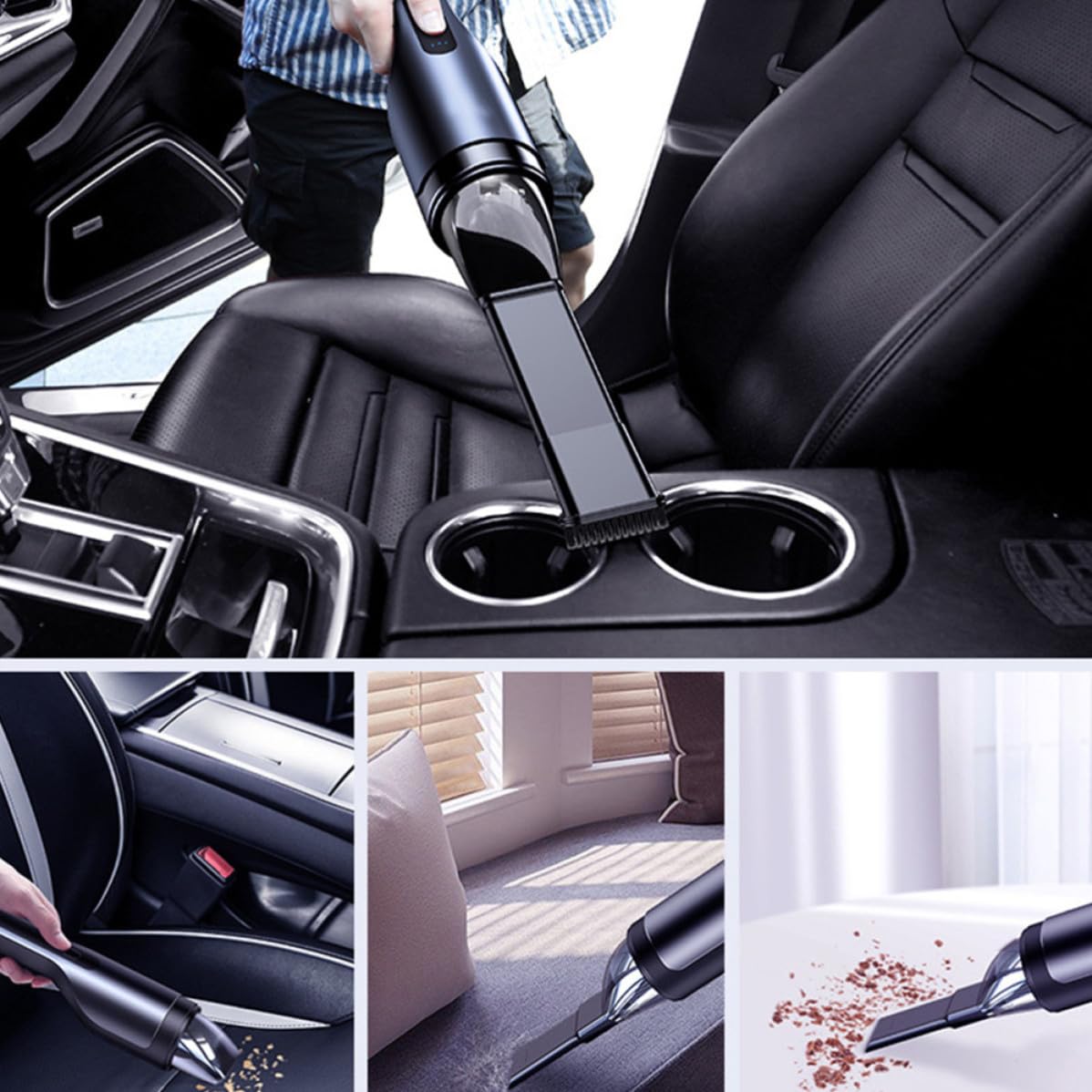 Aspirapolvere Portatile e Ricarica USB per Auto e Casa senza Fili Batteria 2000mah, Manico Ergonomico Aspirabriciole Potente Nero in Abs