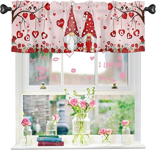 Miniatura 3 de Cenefa de gnomo para el día de San Valentín para cocina cenefas de ventana de árbol de corazón cortina con bolsillo para barra tratamiento de
