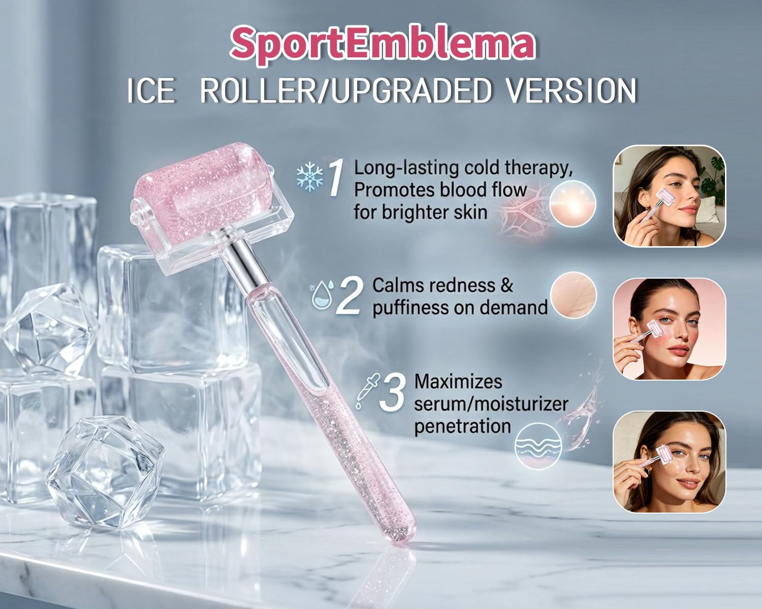 Rodillo de hielo para cara y cuerpo, herramienta de terapia de frío para hinchar los ojos, reducir la inflamación y tensar la piel, con funda protectora (rosa con purpurina)
