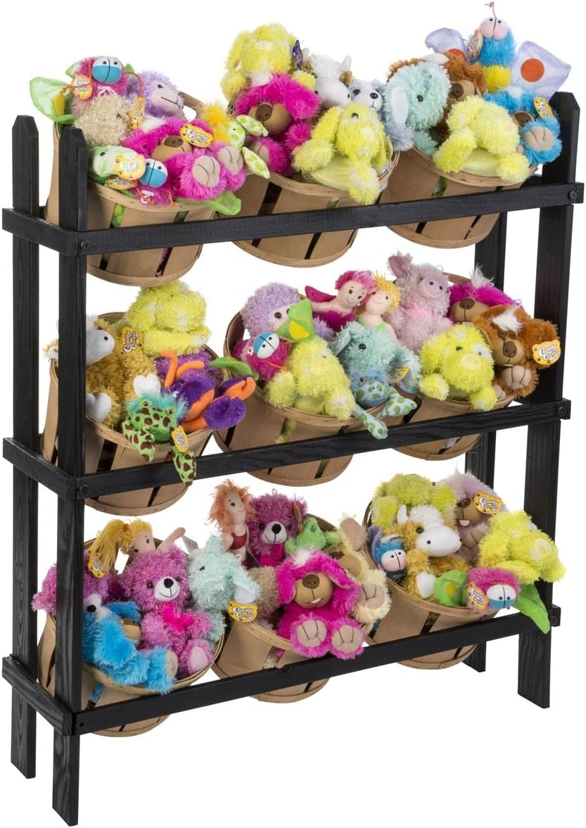 Displays2go Rustic Wooden Merchandising Rack, Three Levels, Nine Baskets - Black Frame (PN9BKTBLK)