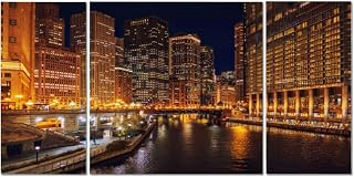 Chicago River Nighttime Large Wall Art Decor Canvas Wall Art Paintings Pictures for Bedroom Above Bed Living Room Decoration Office Artwork 3 Piece
