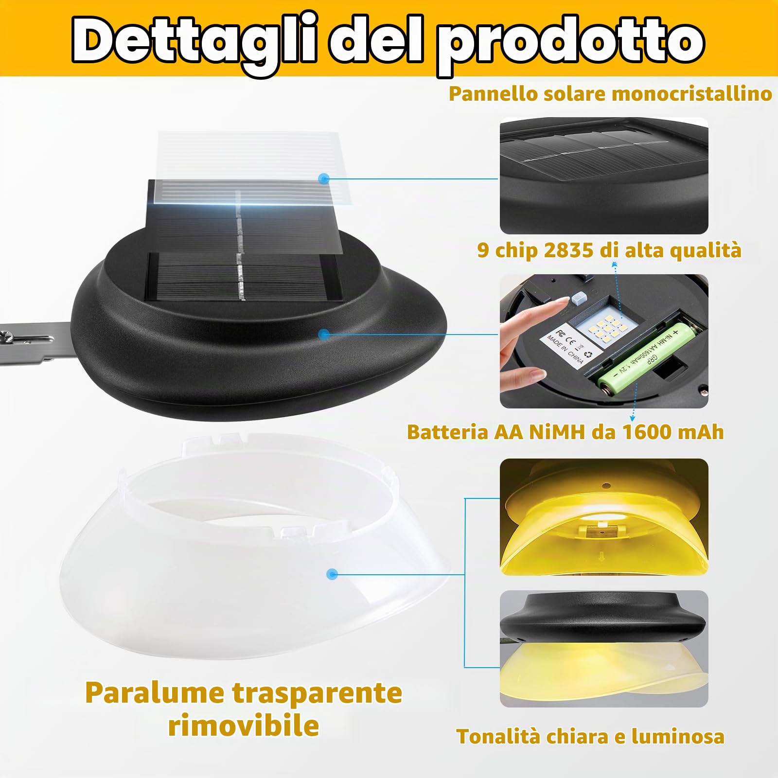 AGOTD Luce Solare LED Esterno, Luci Solari Grondaia, IP55 Impermeabili Bianca Calda da giardino, Lampade Solare Esterno, per Patio, Vialetto, Cortile, Garage, Eave, Recinzioni 6 Pezzi