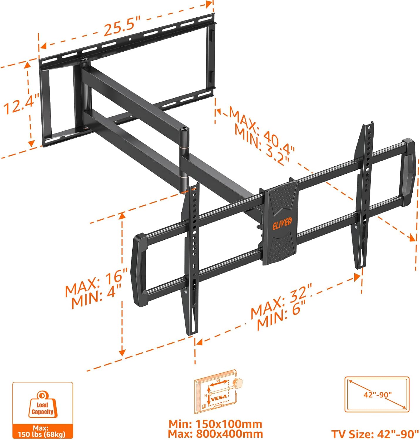 ELIVED Long Arm TV Mount for Most 42-90 Inch tvs, Full Motion Wall Bracket with 40.4 inch Long Extension Articulating TV Wall Mount, Max VESA 800x400mm, Holds up to 150lbs, fits Wood Studs 12"-24".
