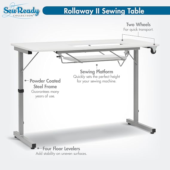 Sew Ready Portable Sewing Table, Computer or Office Desk with Foldable and Rollaway Design, 40.5 Wide Tabletop for Arts and Crafts, Silver/White