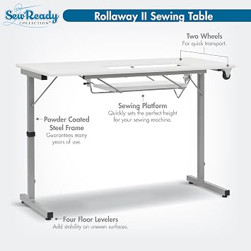 Sew Ready Portable Sewing Table, Computer or Office Desk with Foldable and Rollaway Design, 40.5 Wide Tabletop for Arts and Crafts, Silver/White