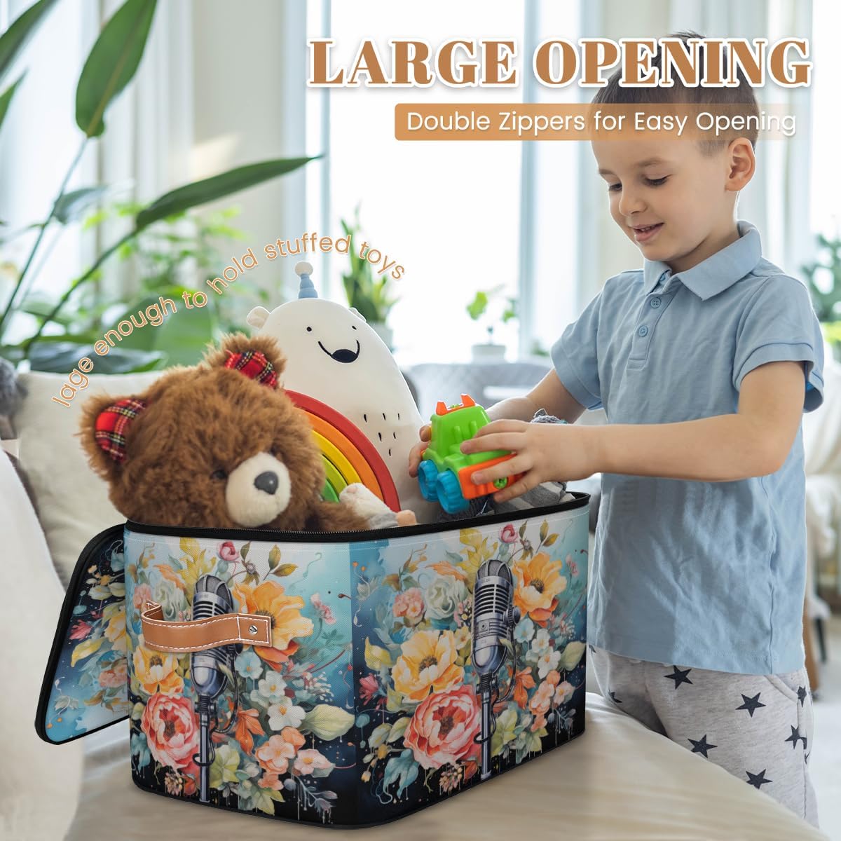 Storage Bin Set of 2 Microphone Flower Storage Basket with Zipper Lid & Handle Foldable Closet Shelf 2 Pack Cloth Organizer Basket Cube Bins Clothes Organizer for Nursery, Bedroom