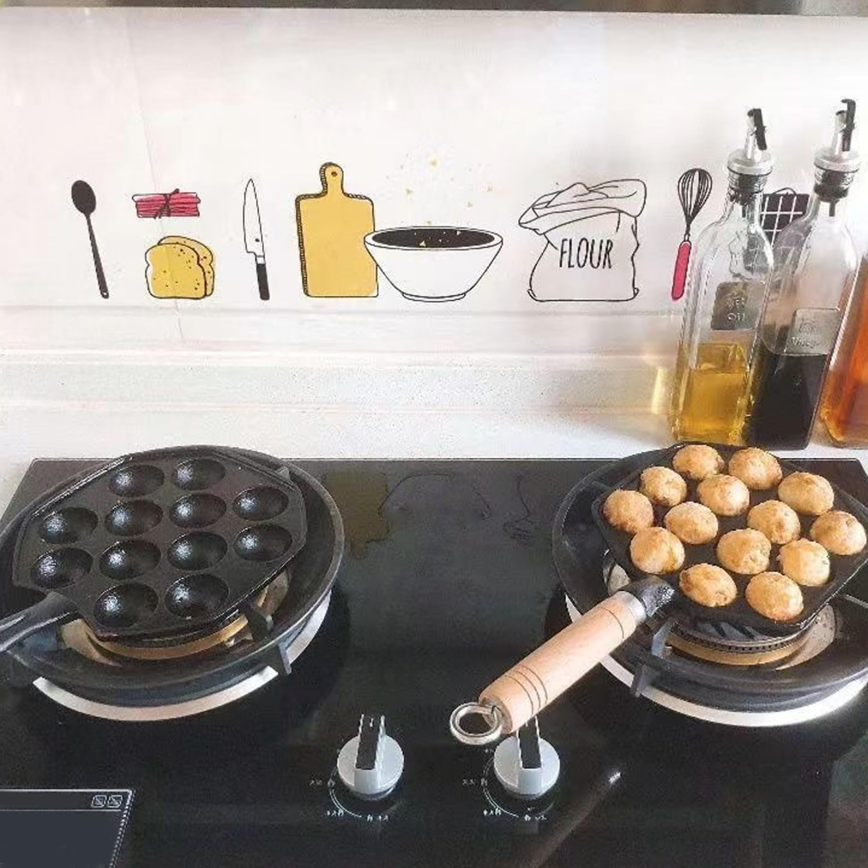 1 Set Takoyaki Pan mit hängendes Griff, 14 Löcher Non -Stick -Hersteller mit Gabel & Ölbürste, für Pofertjes Pfannkuchenbälle