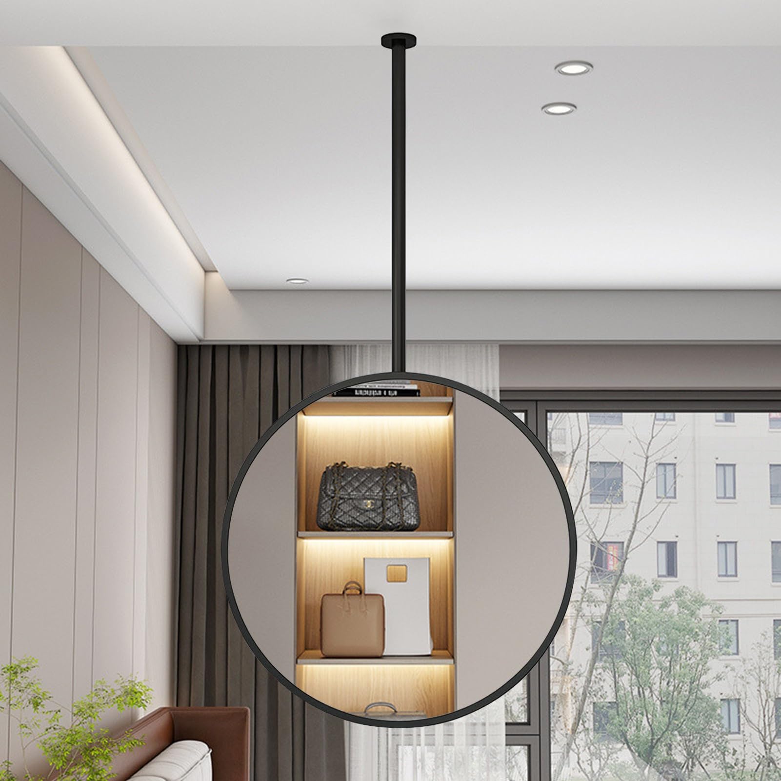 FGXHHS Black Ceiling Hanging Mirror Large Metal Framed Circle for Bathroom Living Room Cloakroom, Wall Mounted Vanity Makeup - Customizable Boom(Diameter-50CM/19.7INCH)