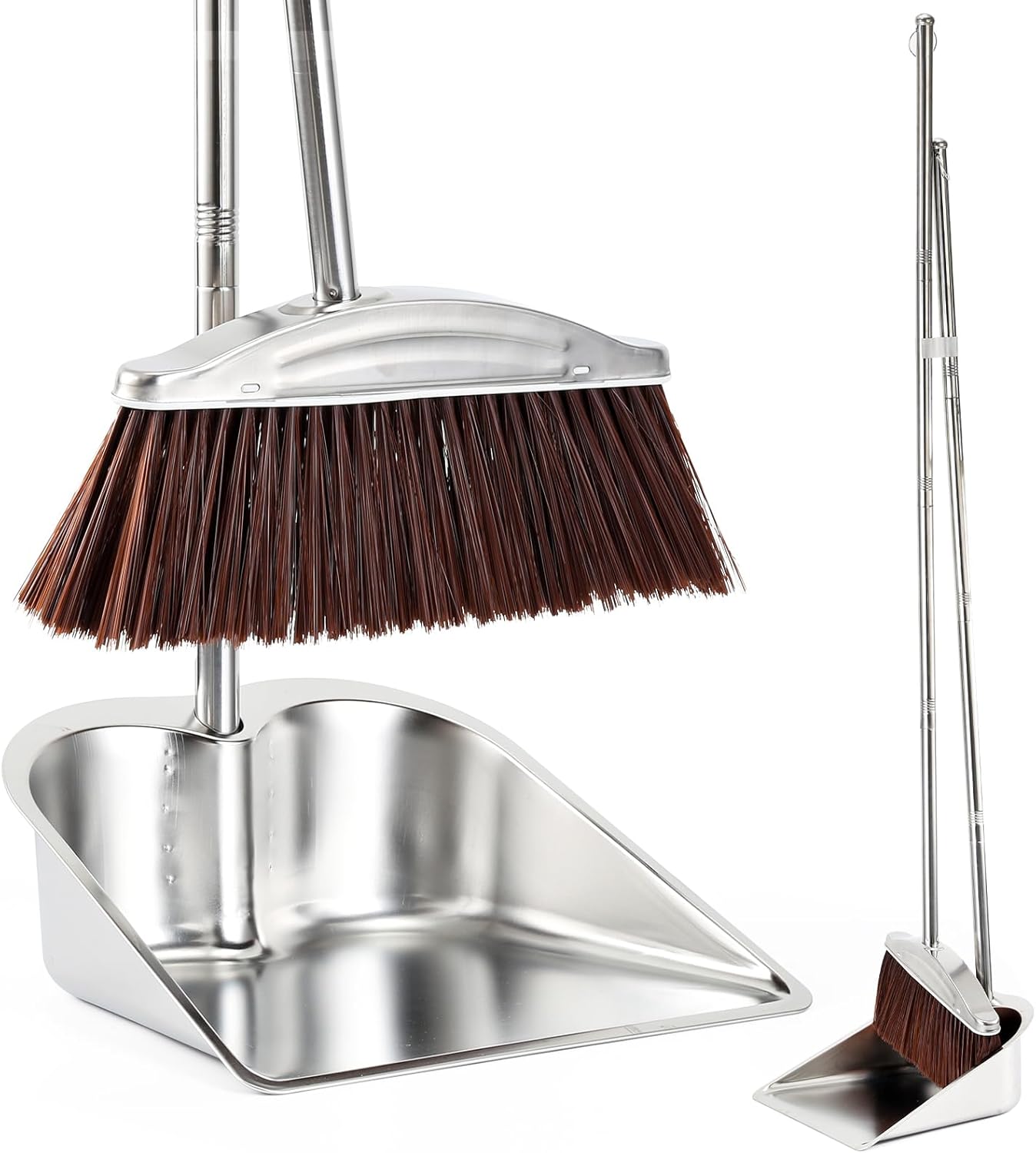 VOOWO Broom with Dustpan Combo Set, 46" Stainless Steel Broom and Dustpan Set for Home, Heavy Duty Dust Pan with Long Handle, Broom for Sweeping Indoor and Outdoor, Kitchen Broom and Dust Pan (Khaki)