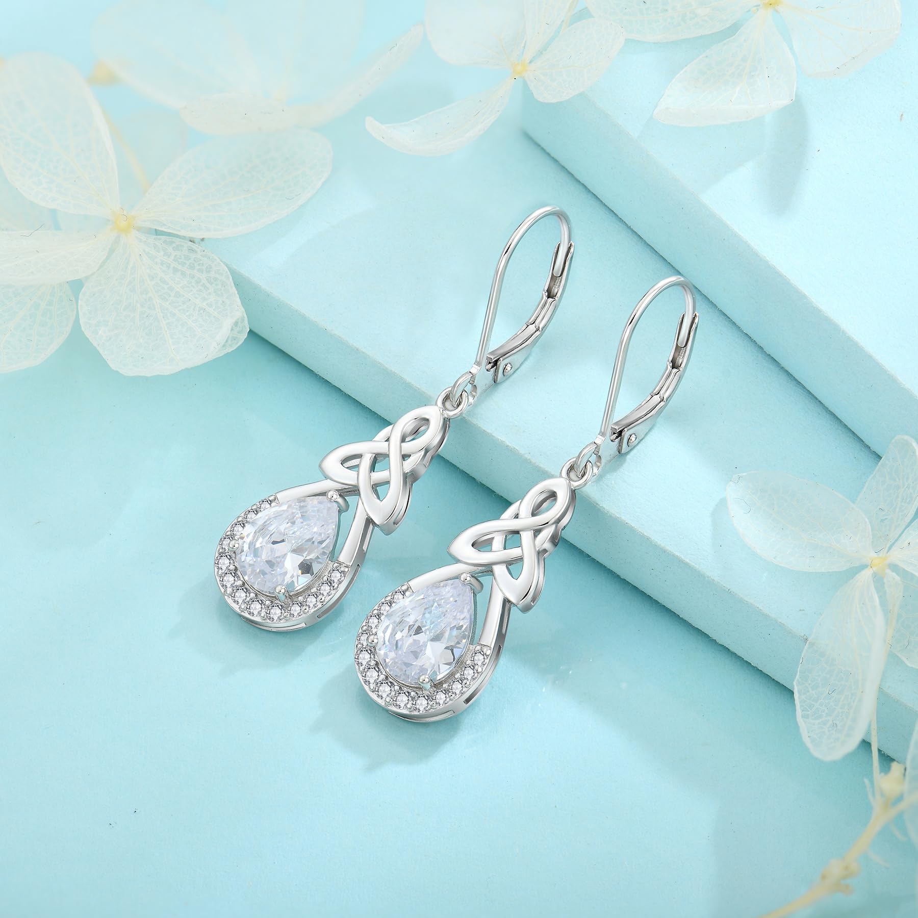 FJ Keltischer Knoten Ohrringe Damen 925 Sterling Silber Unendlichkeit Tropfen Hängend Geburtsstein Ohrringe Irischer Glücksschmuck Geschenke für Frauen