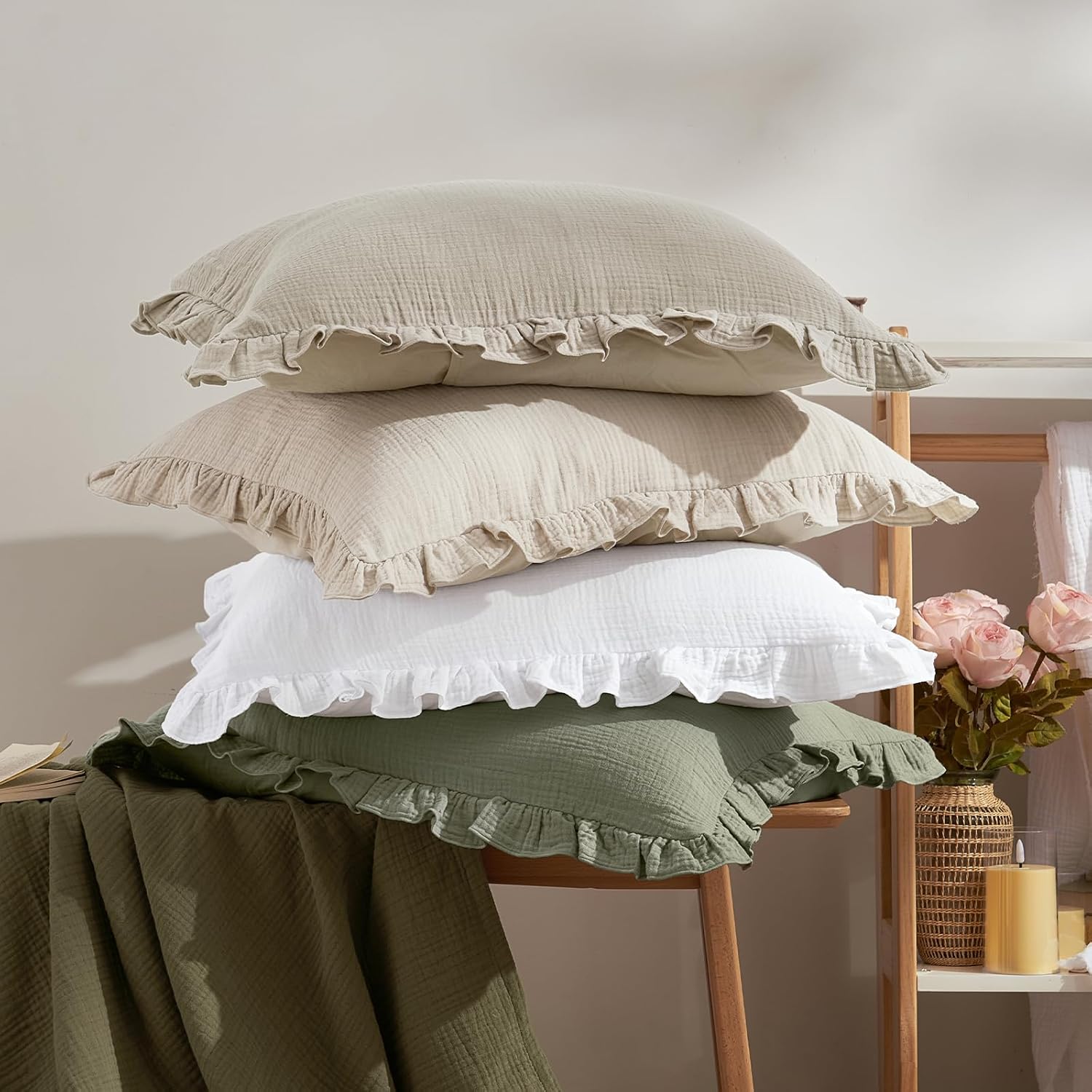 PHF Cotton Muslin Euro Sham Pillow Covers with Ruffle, 2 Pack 3-Layer Gauze 26x26 Pillow Covers, No Filling, Ultra Soft Breathable Euro Shams for Vintage Decor, Dusty Sage
