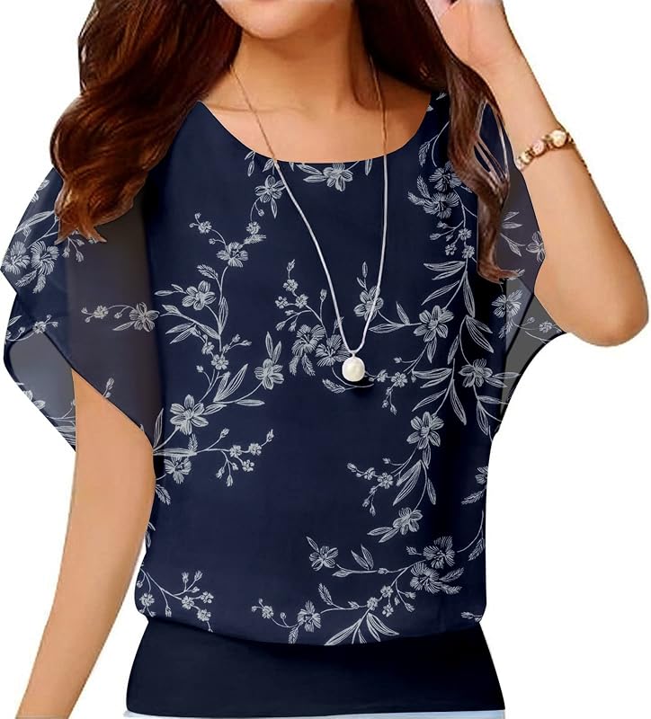 Neineiwu Women's Summer Loose Casual Short Sleeve Chiffon Top T-Shirt Blouse