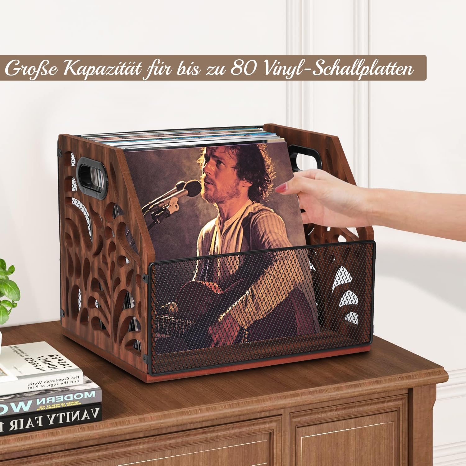 Supporto per dischi in vinile, vintage, in legno, per 70 LP, anche per album, riviste, libri, documenti, giornali