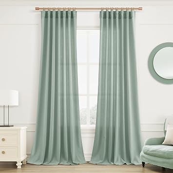 Joywell Aqua Green Linen Curtains 84 Inches Length Light Filtering Neutral Farmhouse Boho Rod Pocket Back Tab Hook Belt Clip Rings Semi Sheer Window Drapes for Bedroom Living Room 2 Panels 52x84