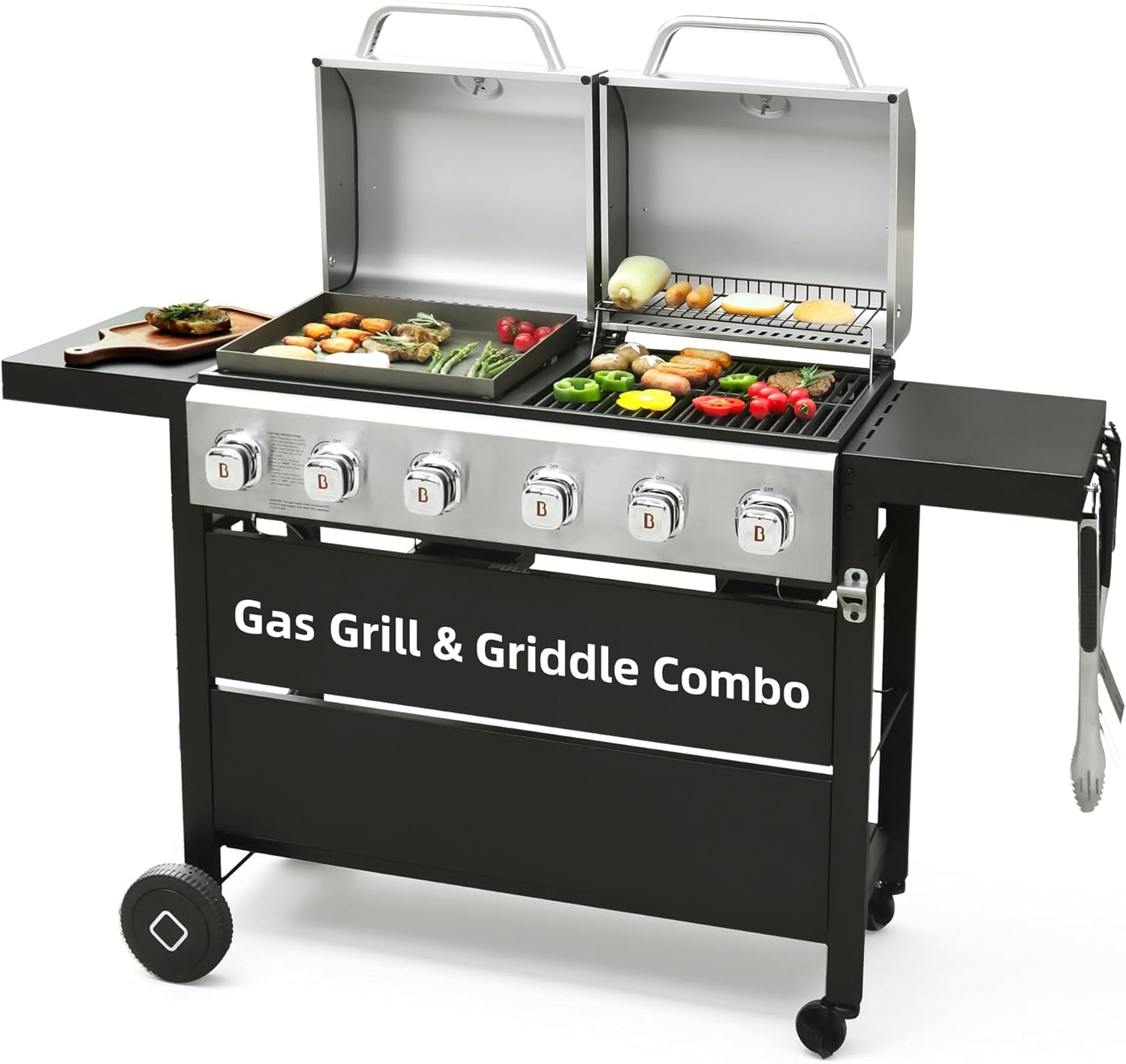 6 Burner Propane Gas Grill Griddle Combo with Porcelain-Enameled Cast Iron Grates and Pan, Dual Outdoor BBQ Grill with Flat Top Griddle for Outdoor Barbecue Cooking