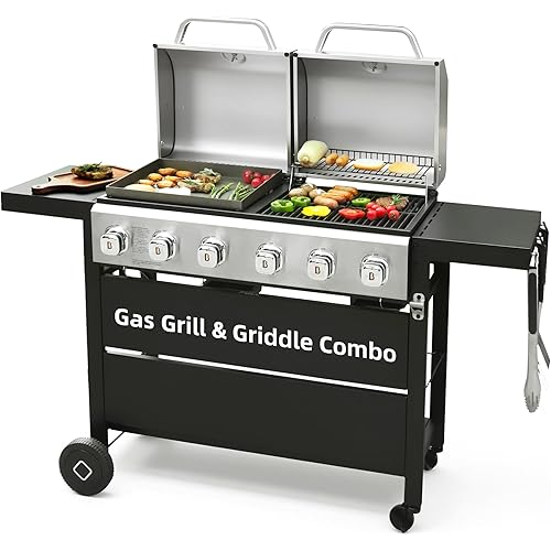 6 Burner Propane Gas Grill Griddle Combo with Porcelain-Enameled Cast Iron Grates and Pan, Dual Outdoor BBQ Grill with Flat Top Griddle for Outdoor Barbecue Cooking