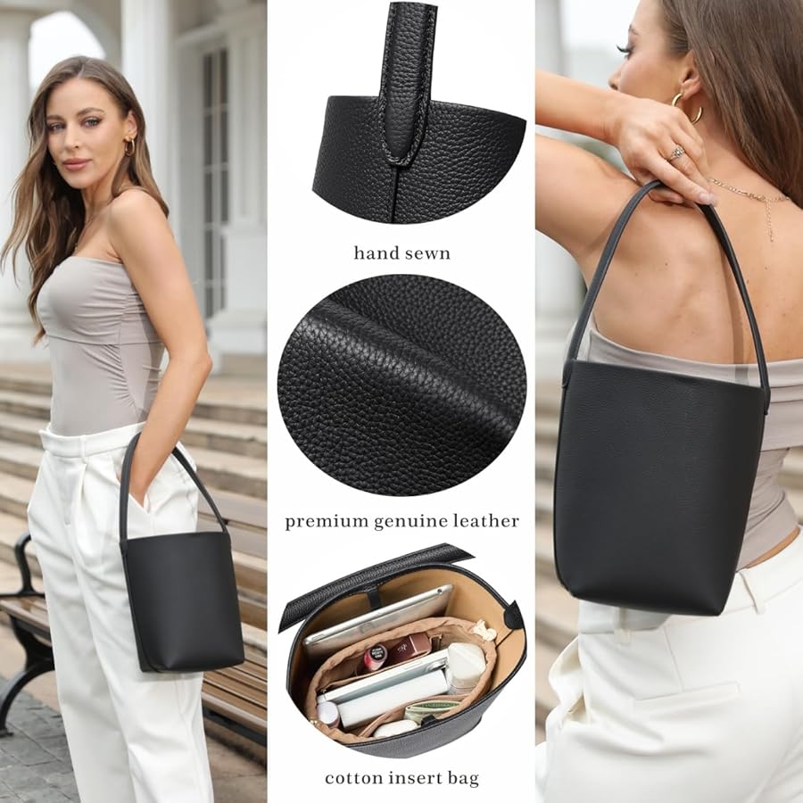 Kurava Genuine Leather Bucket Bag, First Layer Cowhide, Brown with