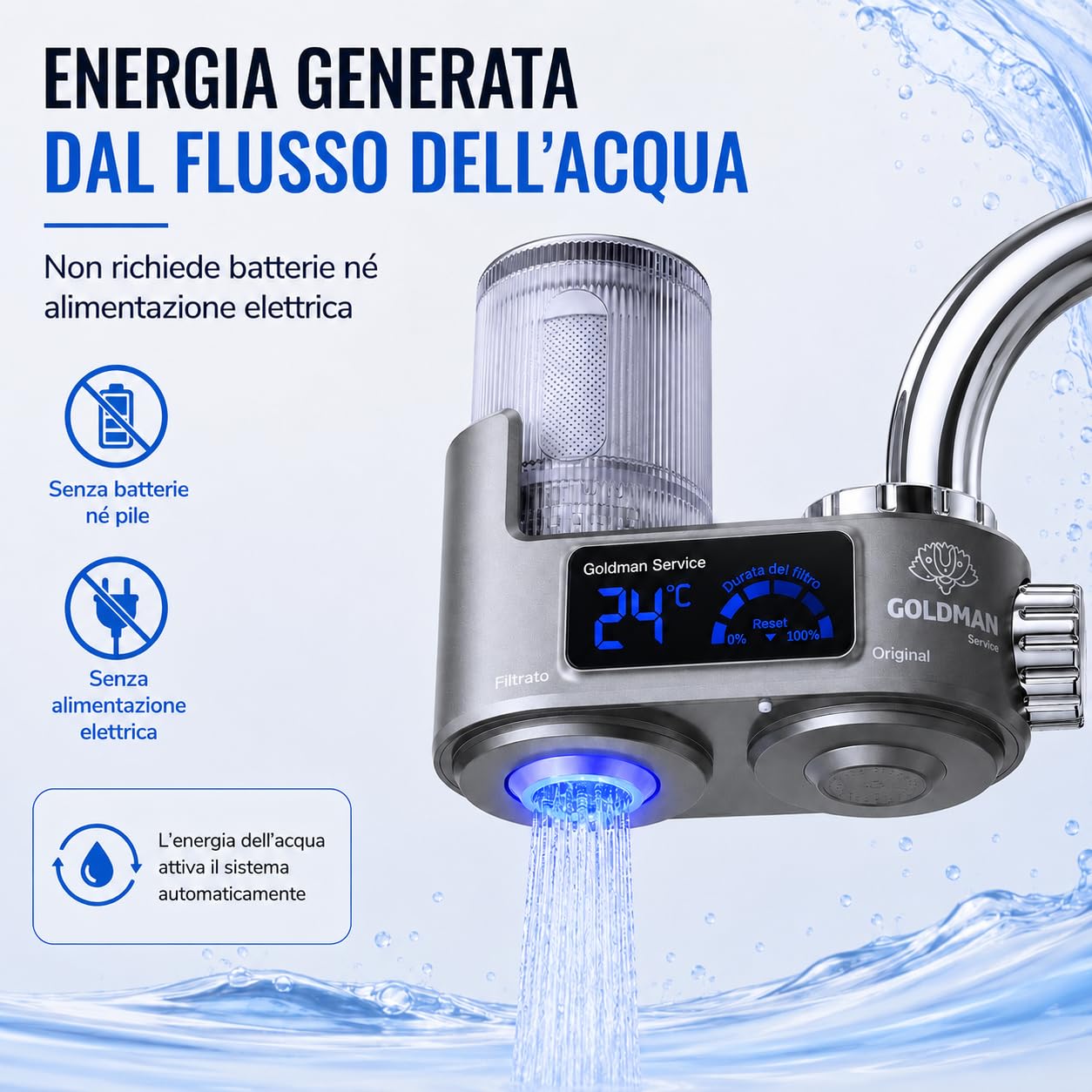 GOLDMAN SERVICE Filtro purificatore dell'acqua per rubinetto con display digitale, indicatore della temperatura in tempo reale, filtro di ricambio incluso e 6 adattatori universali