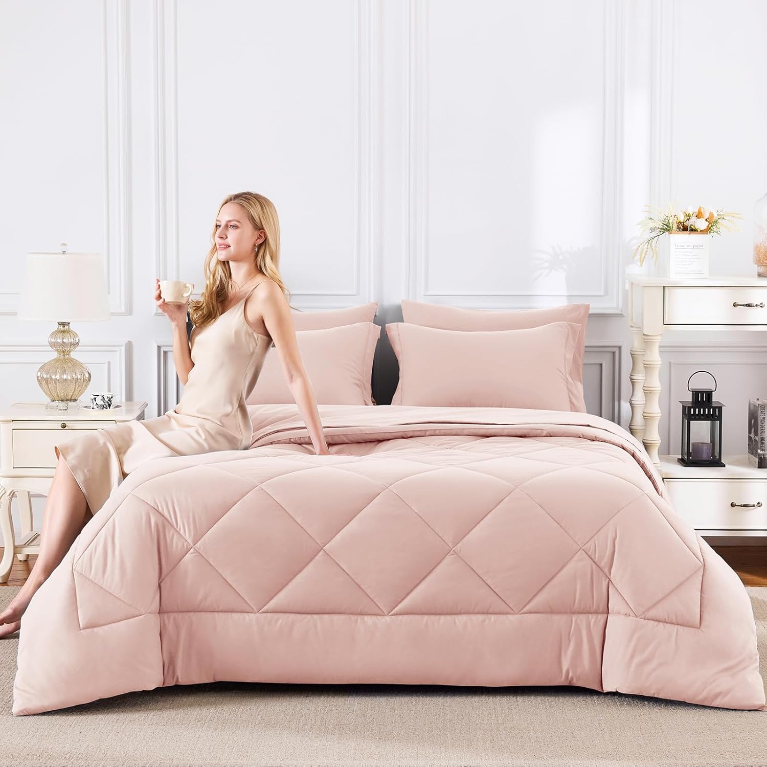 CozyLux King Size Comforter Set Blush Pink - 7 Pieces Bed in a Bag King, Luxury Soft Bed Set for All Seasons, Bedding Set with Down Alternative Comforter, Sheets, Pillowcases & Shams - Image 7