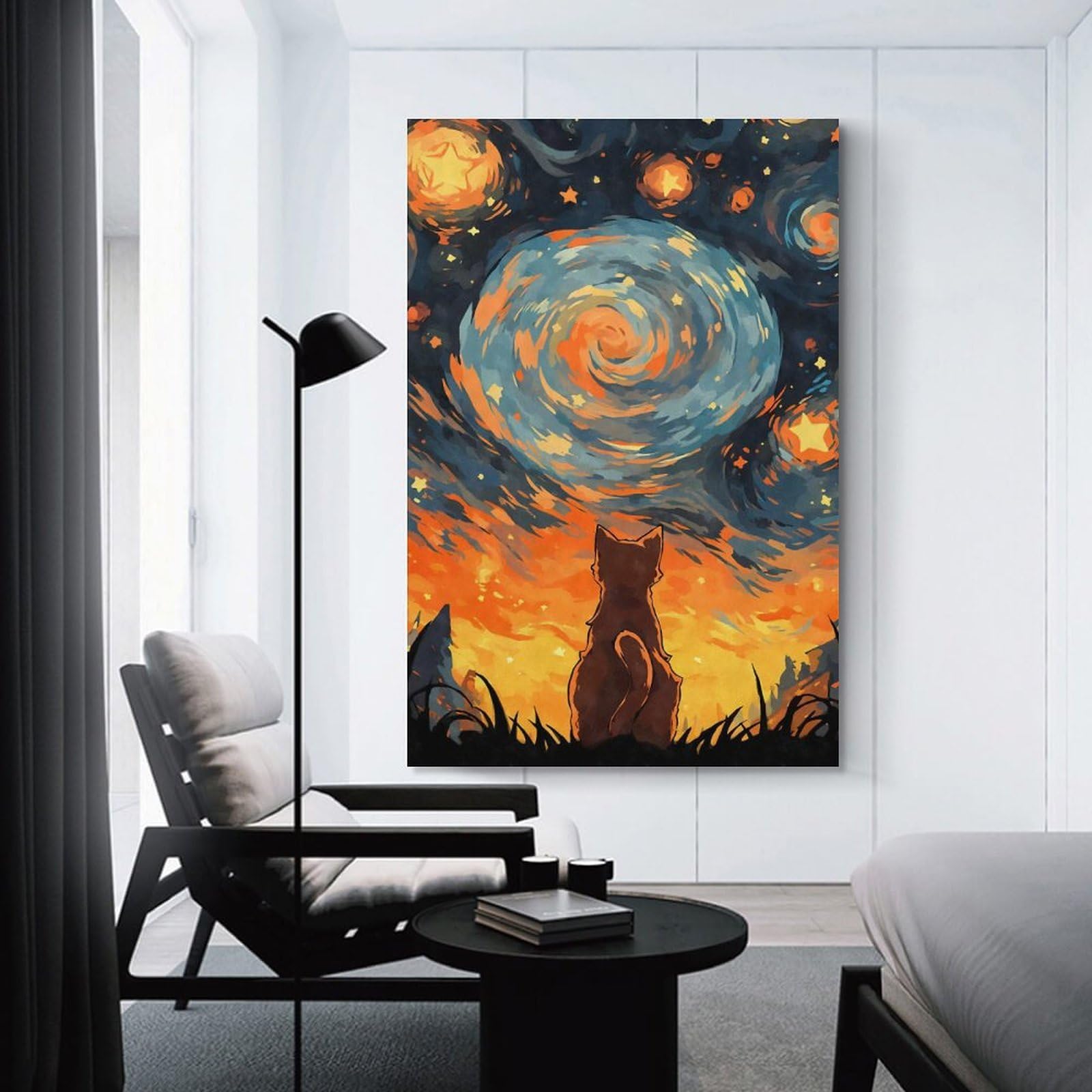 Junmoney Unframe-Style-23 Canvas Art Print Orange Cat Starry Night, 24X36inch(60X90cm), For Office, Study Or Home Workspace, Wall Art That Adds Style To Work Areas