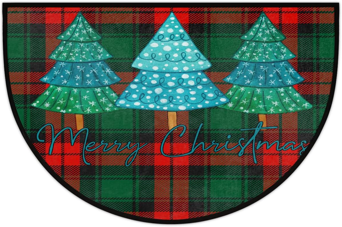 Christmas Tree Lattice Decoration Half Round Door Mat Non Slip Washable Semi Circle Area Rug Absorbent Soft Half Moon Rug Floor Mat for Indoor Outdoor Kitchen Bathroom Patio Front Door Mat Decor