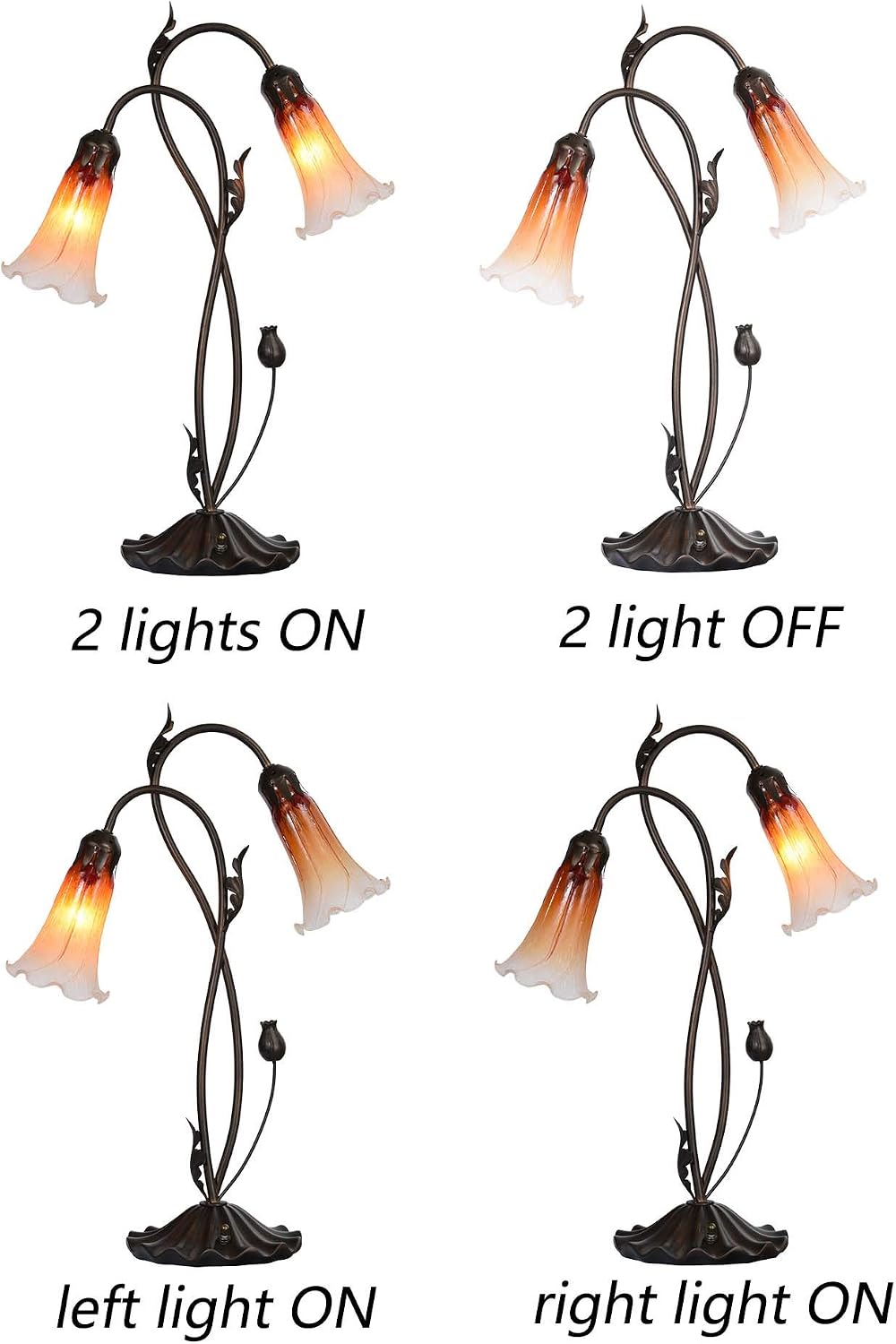 Bieye L10698 Lily Flower Blown Glass Accent Table Lamp for Living Room Bedroom Decoration (2-Light, Orange)