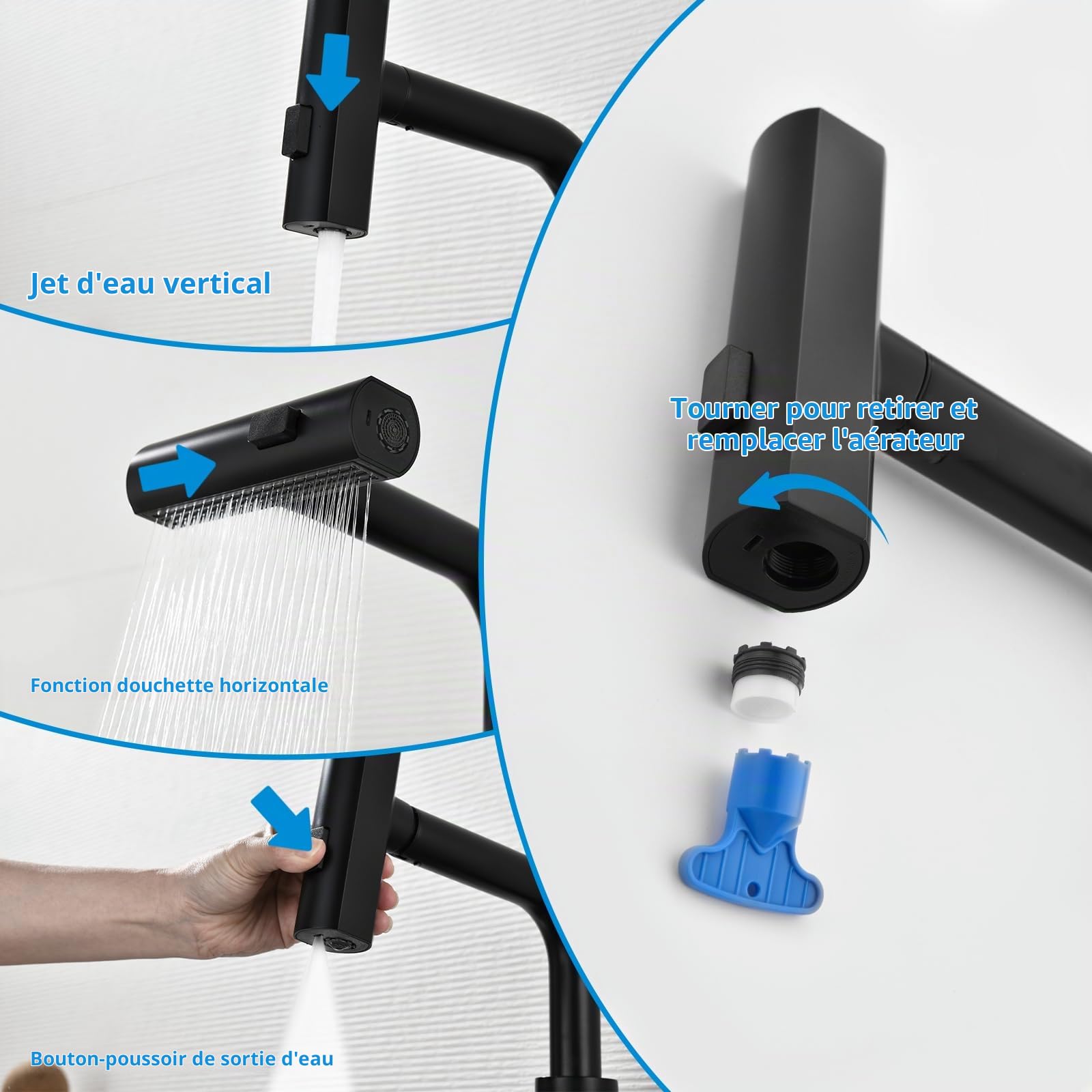 Robinet Cuisine Noir Lave-verres Mitigeur Extractible à 3 Modes de Sortie | Mitigeur Mynaiad Robinet Cuisine Douchette Lave-verres, 3 Flux, Rot 360°, Acier 304 Brossé Adapté Cuisine, Bar, salle de Bain