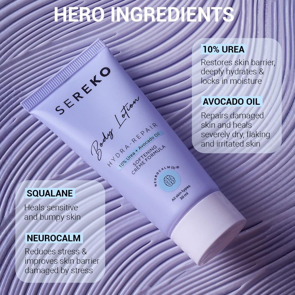Sereko 10% Urea & Avocado Oil Body Lotion 30ML | For Strawberry legs, Detans, Rough Bumpy skin| Body lotion for Men & Women | AHA BHA free | Gentle Exfoliating | with 48H Moisturization | Very dry, flaky skin 3