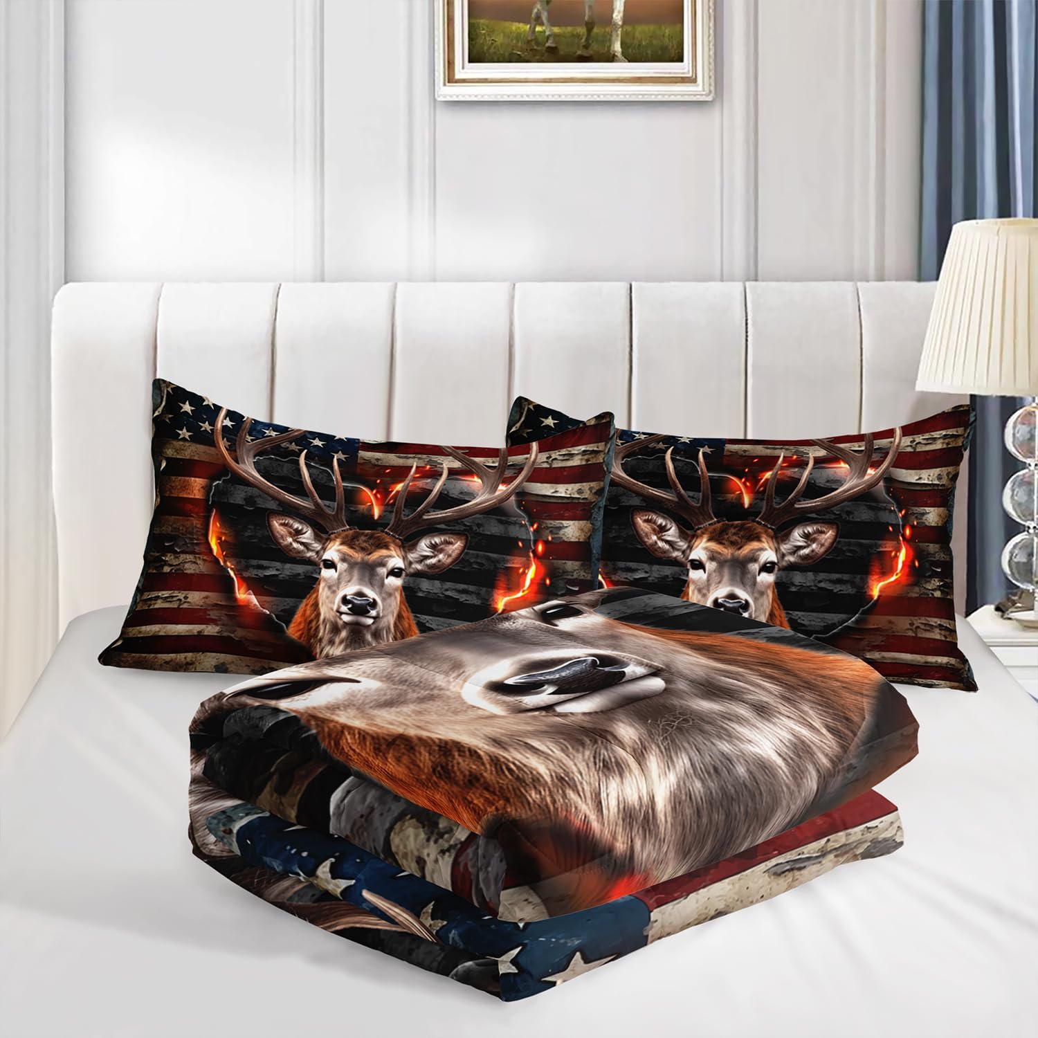 Deer Bedding Sets for Kids Boys Girls Room Decor,Hunting Themed American Flag Bedding Comforter Sets,Western Comforter Sets Camo Twin Bedding Set with 2 Pillowcases. - Image 4
