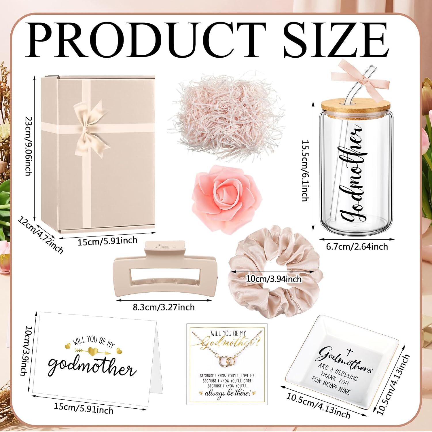 Honeydak 8 Pcs Godmother Proposal Gift Set Will You Be My Godmother from Godchild 16oz Glass Cup Necklace Trinket Ring Dish Gift Box for Mother's Day Easter Birthday Baptism(Apricot)