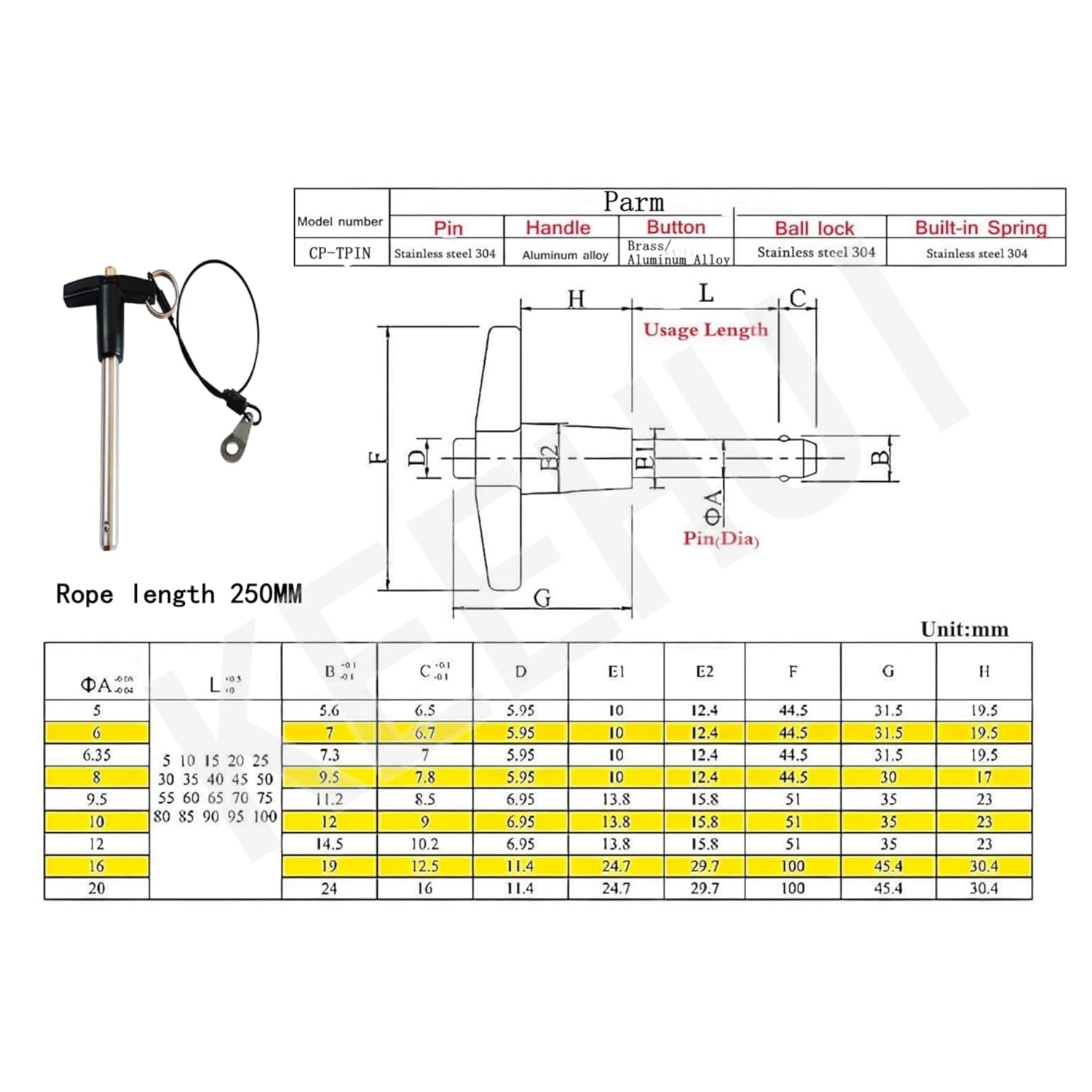 Keehui Stainless Steel 304 T Handle Lock Pins Push-Button Quick Release Pin, Pin Dia 1/4in(6.4MM). Clamping Length 40mm(1.57in) with Lanyard Cable (2pcs)