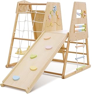 Avenlur Cherry 5-in-1 Wooden Indoor Climber – Montessori Toddler Play Gym with Slide, Rock Wall, Rope Ladder, Sensory Panel & Swing – Indoor Playground for Kids Ages 18 Months to 5 Years