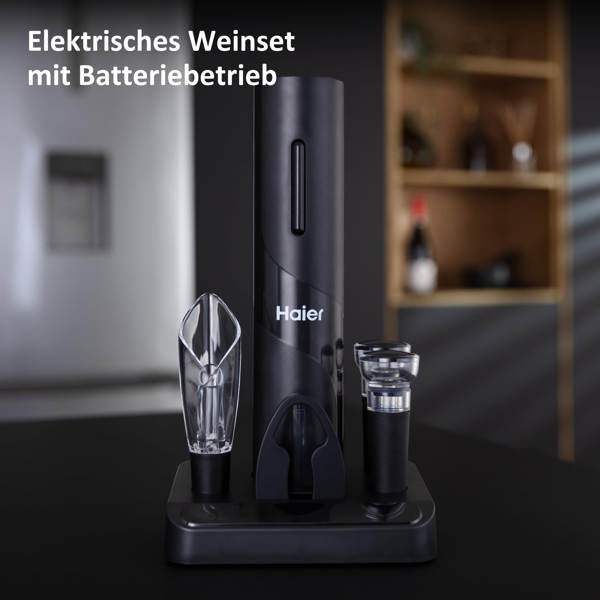 Haier Elektrischer Weinöffner Edelstahl I Korkenzieher Wein Set mit Dekantierausgießer, Vakuumverschluss, Folienschneider & Station I Automatischer Weinflaschenöffner I Edles Geschenk für Weinfreunde