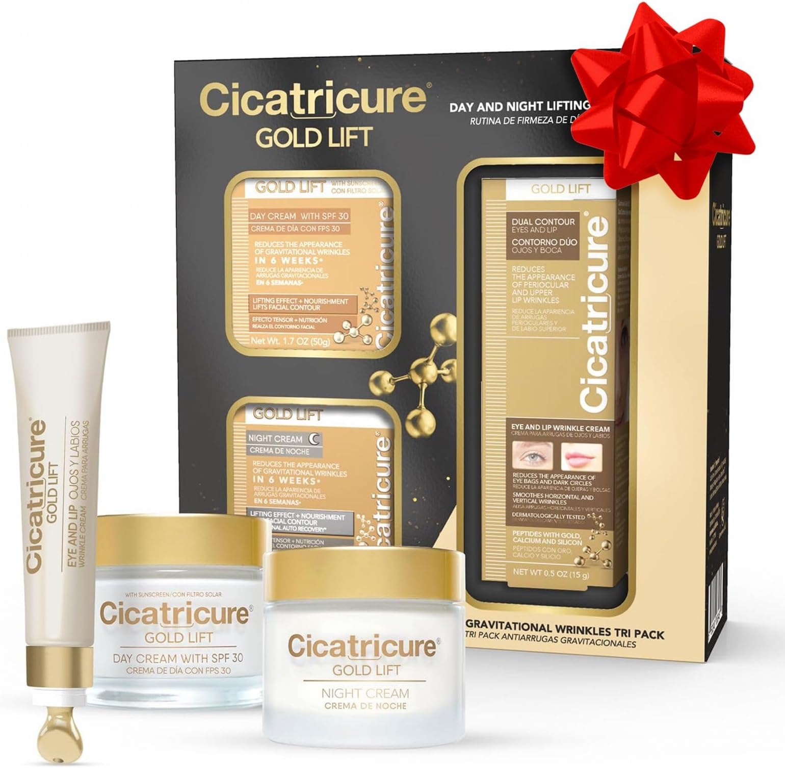 CICATRICURE Gold Lift Anti Gravitational Wrinkles Skin Care Gift Set with Day Anti-Wrinkle Cream + SPF 30, Night Anti-Wrinkle Cream & Dual Contour Eye and Lip Wrinkle Cream, 3 Pack