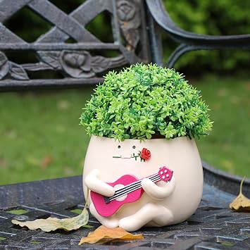 Camotank Face Planter Pots for Plants Cute Guitar Plant Pot, Smiley Face with Rose Flower Pots Succulents Planter Gift Ideal for Mother, Lover and Christmas