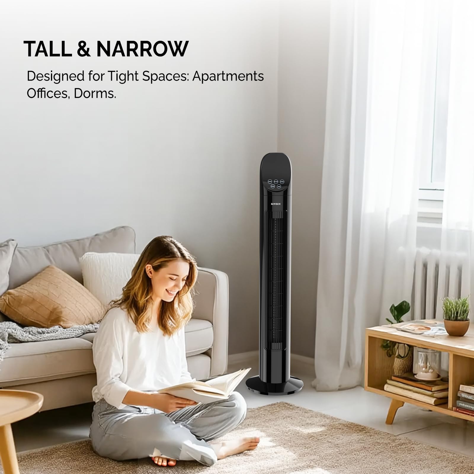 ROVSUN Ventilatore a Torre 35dB, con Telecomando, Oscillazione 90°, 3 Velocità e 3 Modalità, Timer 9H, Griglia Sicura per Bambini, Base Anti‑ribaltamento, Electric Fan
