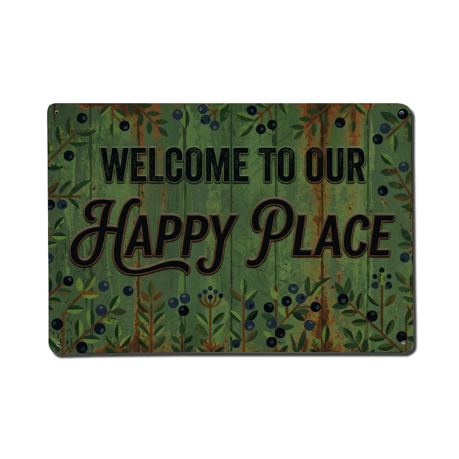 Welcome To Our Happy Place Crowberry Garden Metal Tin Sign Plaque Wall Decor for Cafe, Club Bar, Office, Home Garden Metal Poster 8x12Inch
