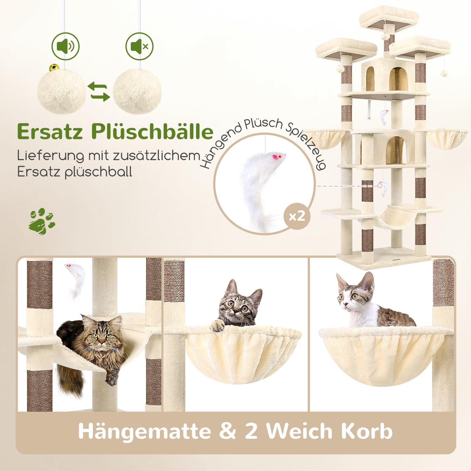 Globlazer Kratzbaum Beige Große XXL hoch 204 cm mit 3 Gepolsterte Sitzstangen, 2 Katzenhaus, 2 Korb, Hängematte, Luxus Katzenbaum Stabil für 3-5 Erwachsene Katze Ausruhen Spielen Kratzen (F80, Beige)
