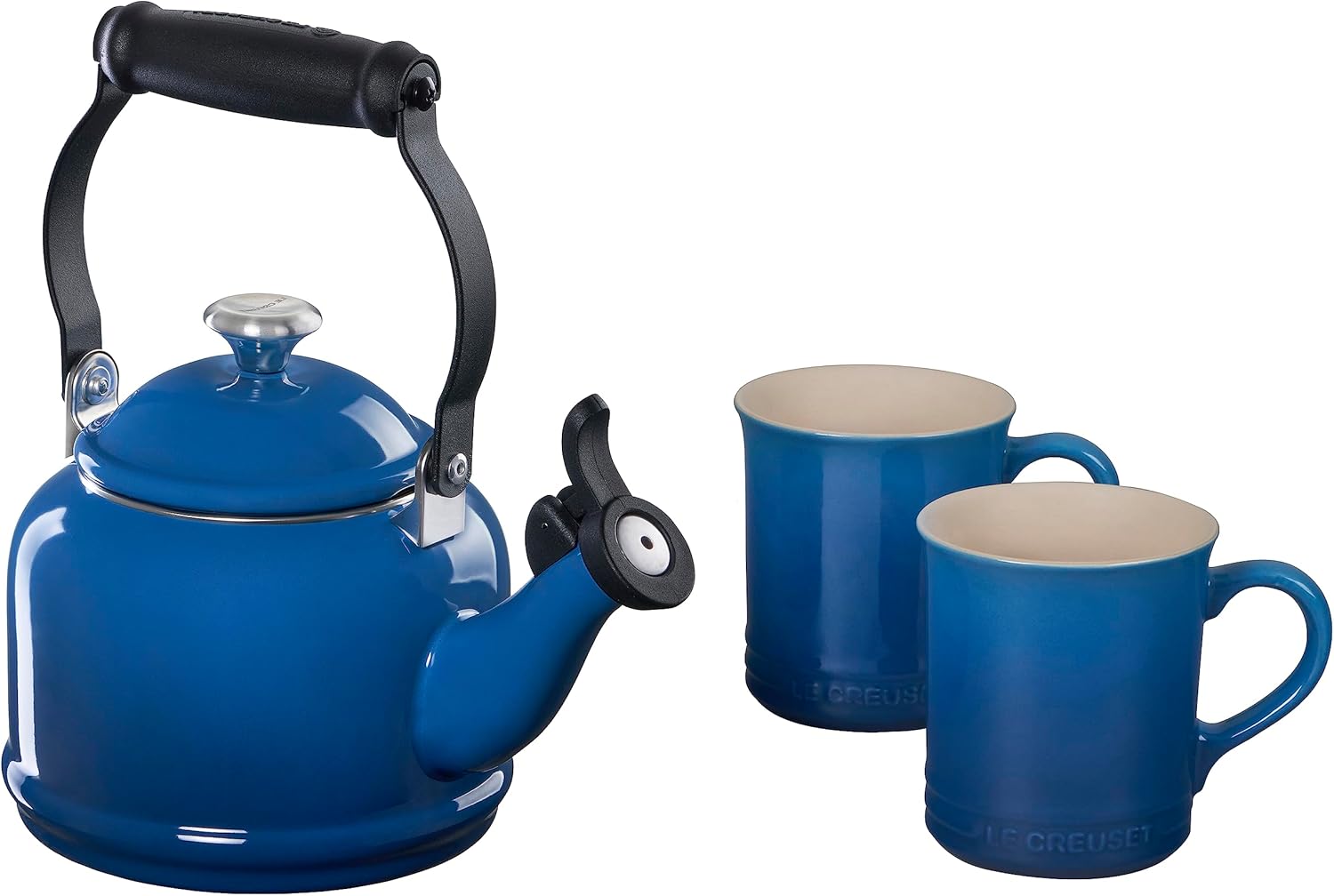 Le Creuset Enamel On Steel Demi Kettle with Metal Finishes & Stoneware Set of 2 Mugs, 1.25 qt. Kettle & (2) 14 oz. Mugs, Marseille