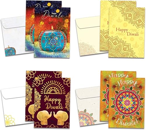 Tree-Free Greetings Diwali Paquete surtido de 8 tarjetas, respetuoso con el medio ambiente, fabricado en Estados Unidos, papel 100% reciclado, 5 x 7