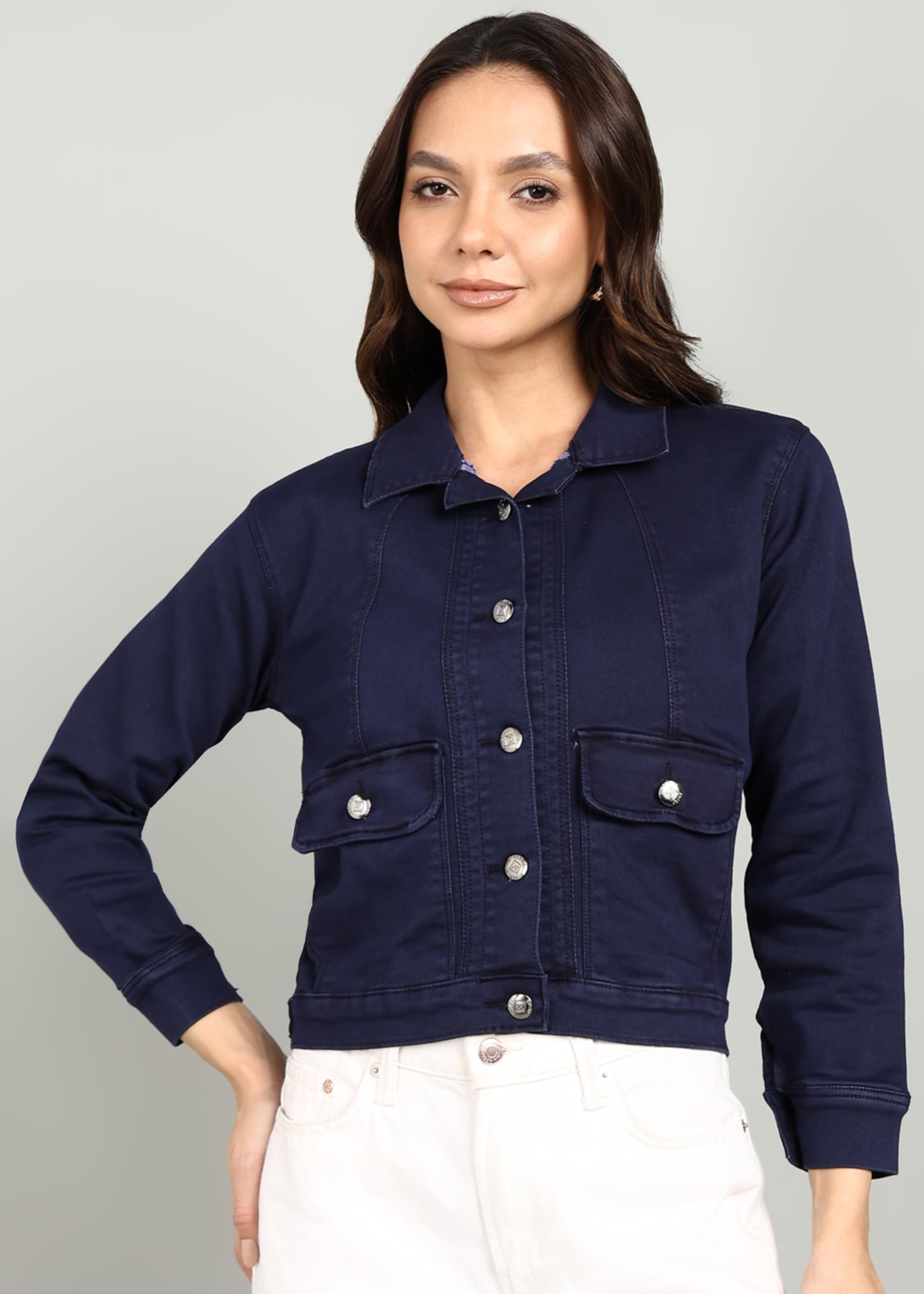 Nifty Chaqueta vaquera con bolsillo frontal para mujer
