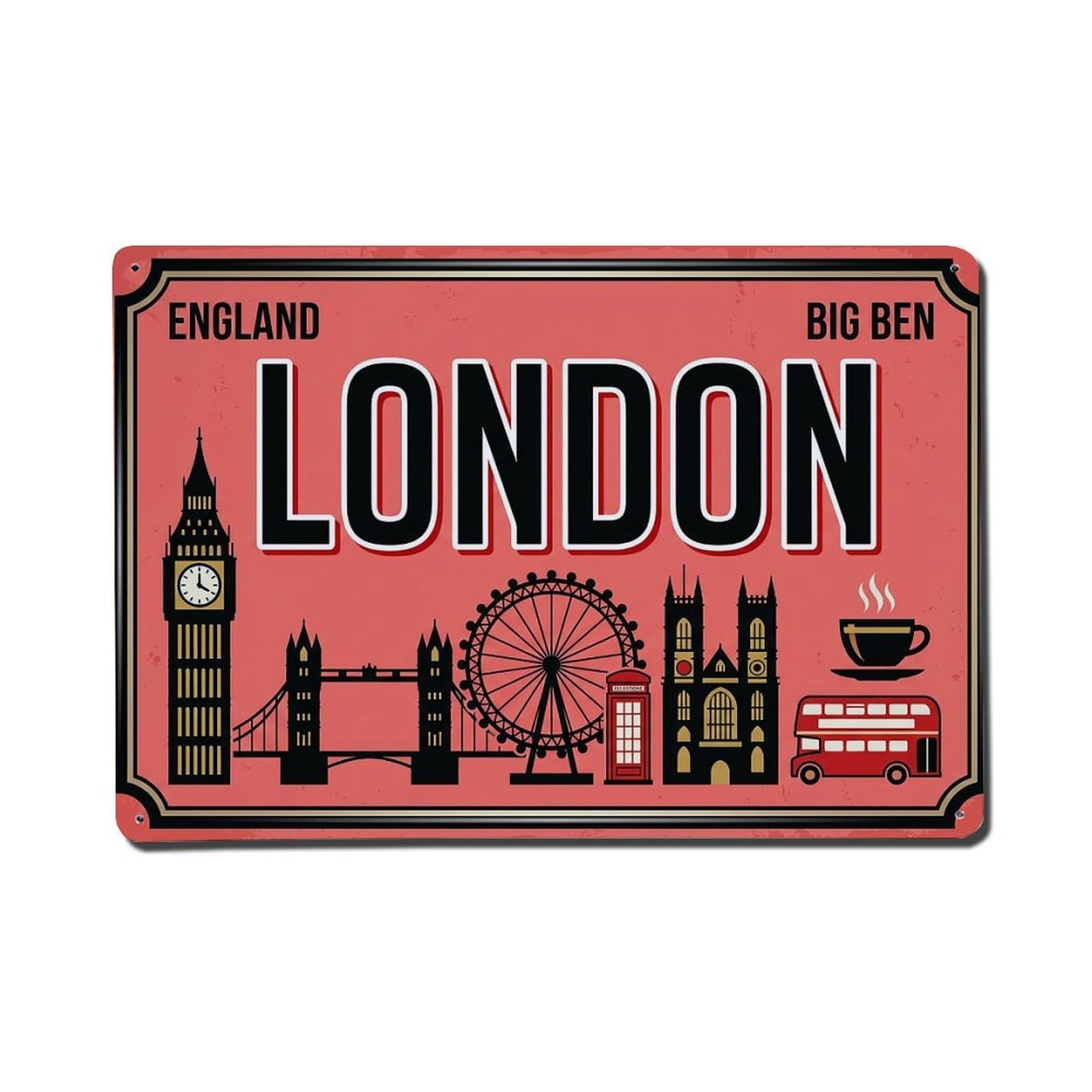 Vintage Travel London England Big Ben Telephone Metal Tin Sign Plaque Wall Decor for Cafe, Club Bar, Office, Garden Metal Poster 8x12Inch