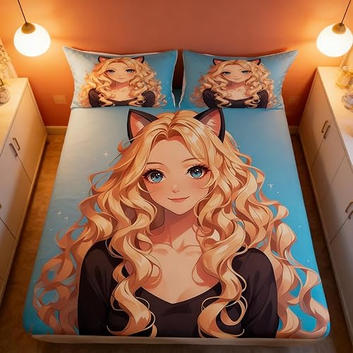 Miniatura 27 de Erosebridal Sábana bajera ajustable de uniforme de anime 3D para niña, tamaño Queen, estilo japonés, de dibujos animados, para niños, niñas y