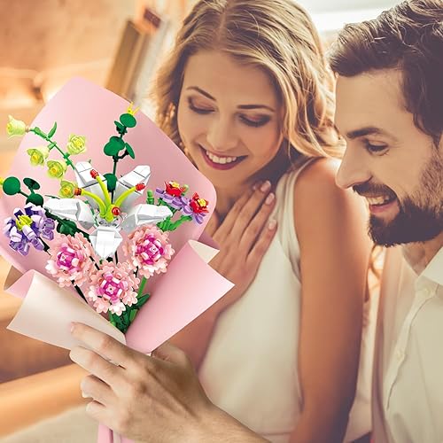 Miniatura 2 de Chodia Bloques de construcción de ramo de flores, colección botánica de clavel rosa, juegos de ladrillos, kits de juguetes creativos, regalos de