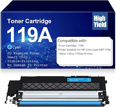 119A Black Cyan Yellow Magenta Toner Cartridge High Yield W2090A W2091A W2092A W2093A Toner Cartridges for HP MFP 150a 150nw 178nw 178fnw 179fnw with Chip,119A-Cyan